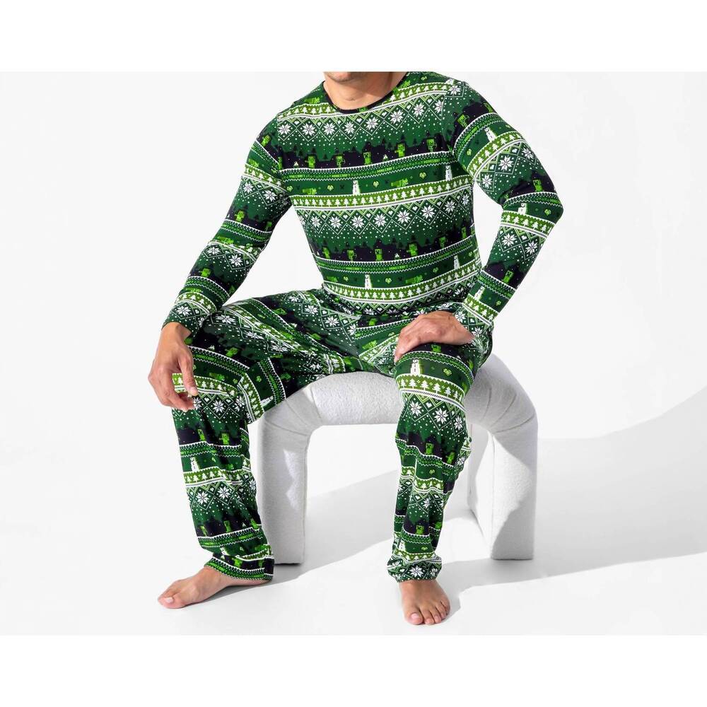 NEW BELLABU BEAR men's minecraft creeper holiday bamboo pajama set in green